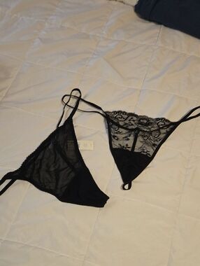 Cacique Black Lace & Mesh Triangle Thong Set NEW